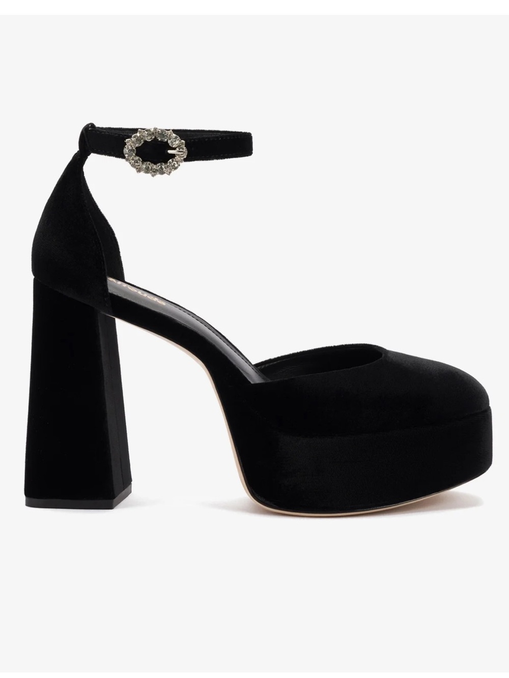 Larroude Black Velvet Platform Block Heel with Crystal Buckle